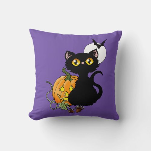 Halloween Pumpkin Purple Black Cat Throw Pillow