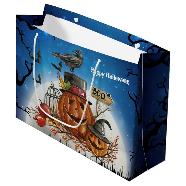 Halloween Pumpkin Raven Party Large Gift Bag (Front Angled)