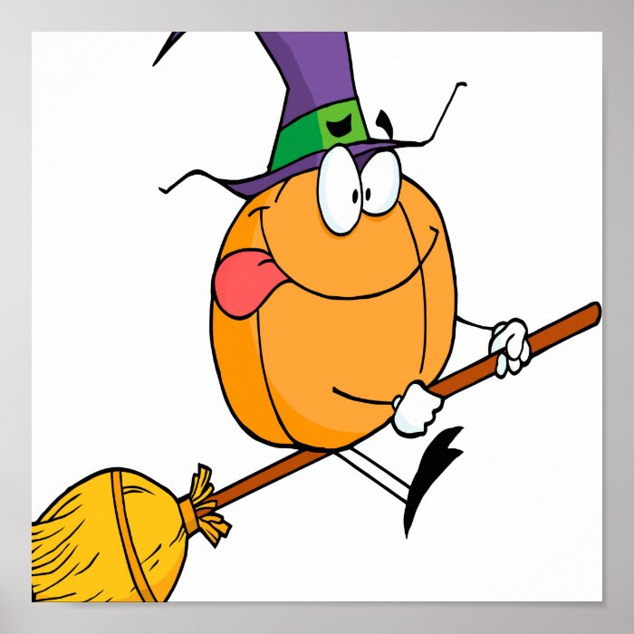 halloween pumpkin riding broomstick cartoon posters