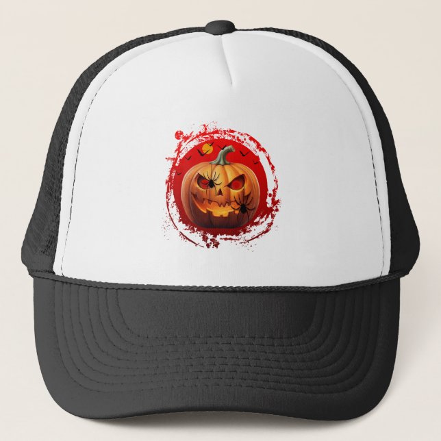 halloween pumpkin scary spiders bats trucker hat (Front)