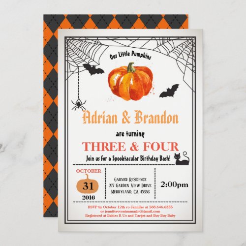 Halloween pumpkin siblings joint birthday party invitation