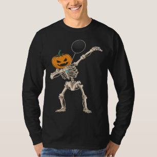 Halloween Pumpkin Skeleton Badminton Dabbing T-Shirt