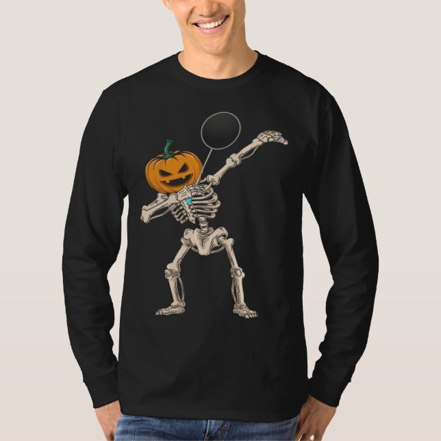 Halloween Pumpkin Skeleton Badminton Dabbing T-Shirt (Front)