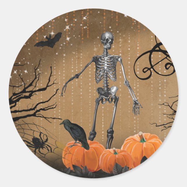 Halloween Pumpkin Skeleton Classic Round Sticker (Front)