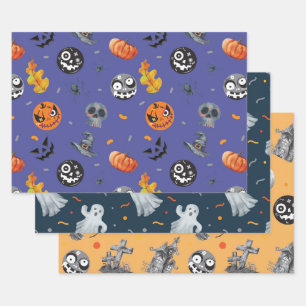 Halloween Pumpkin Skeleton Haunted House Graveyard Wrapping Paper Sheets