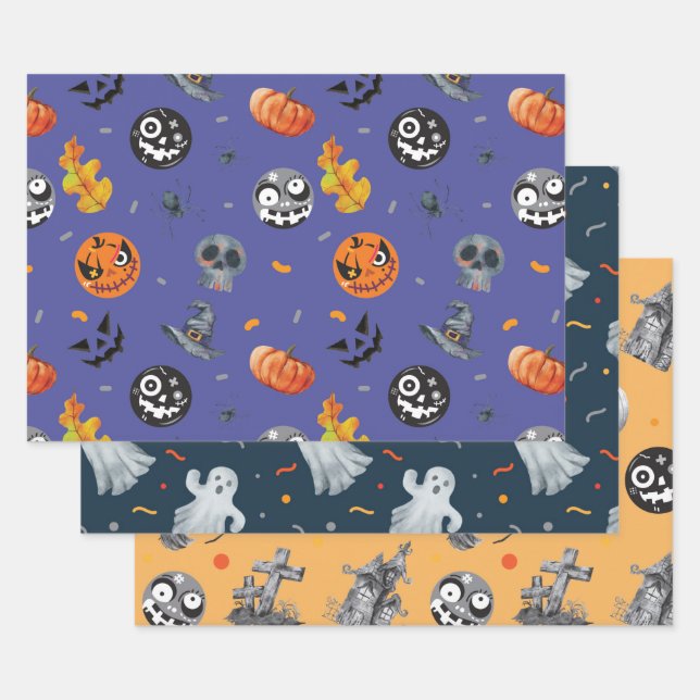 Halloween Pumpkin Skeleton Haunted House Graveyard Wrapping Paper Sheets (Set)