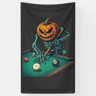 Halloween Pumpkin Skeleton Playing Pool Billiards Banner