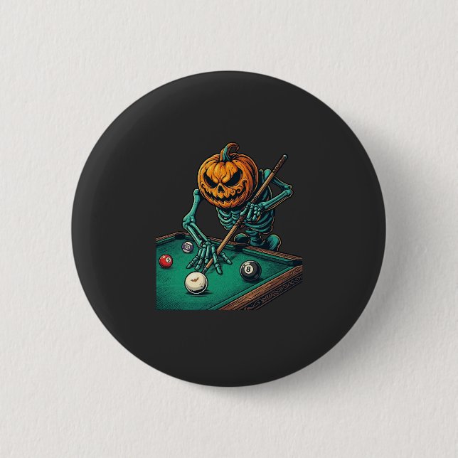 Halloween Pumpkin Skeleton Playing Pool Billiards  Button (Front)