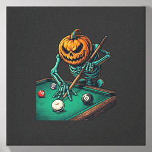 Halloween Pumpkin Skeleton Playing Pool Billiards Canvas Photo Tile