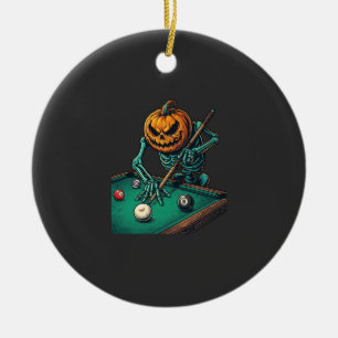 Halloween Pumpkin Skeleton Playing Pool Billiards Ceramic Ornament