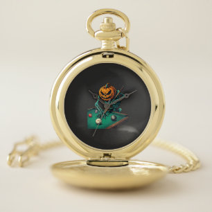 Halloween Pumpkin Skeleton Playing Pool Billiards Pocket Watch
