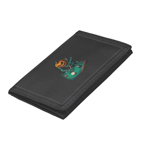 Halloween Pumpkin Skeleton Playing Pool Billiards Trifold Wallet