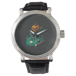 Halloween Pumpkin Skeleton Playing Pool Billiards Watch