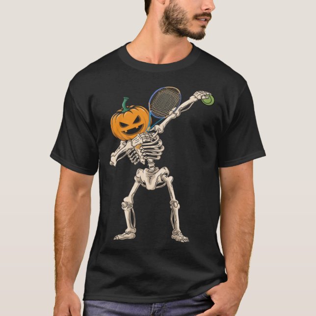 Halloween Pumpkin Skeleton Tennis Dabbing T-Shirt (Front)