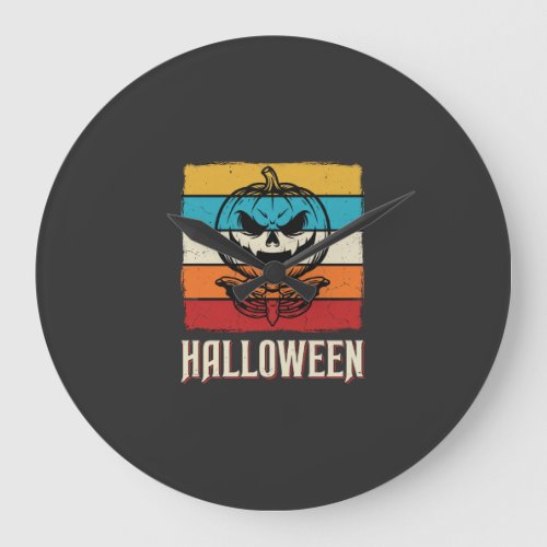 Halloween Pumpkin Skull Retro Vintage Large Clock