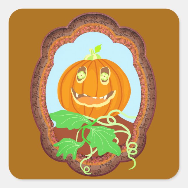 Halloween pumpkin smiling whimsical and spooky square sticker (Front)