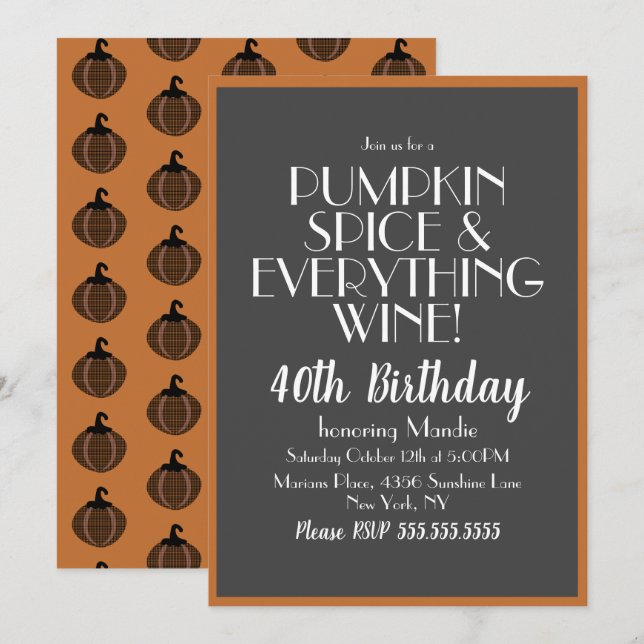 Halloween Pumpkin Spice and Wine 40 Birthday Party Invitation (Front/Back)