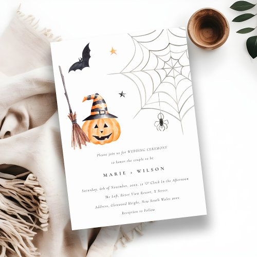 Halloween Pumpkin Spiderweb Spooky Bat Wedding Thank You Card