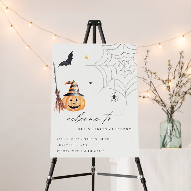 Halloween Pumpkin Spiderweb Spooky Wedding Welcome Foam Board (In Situ (Stand))