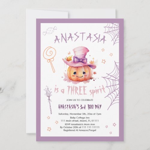 Halloween Pumpkin Spooky Baby Girl 3rd Birthday Invitation