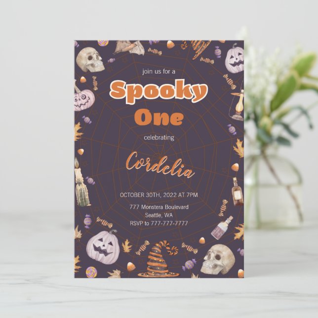 Halloween Pumpkin Spooky One Birthday Invitation (Standing Front)
