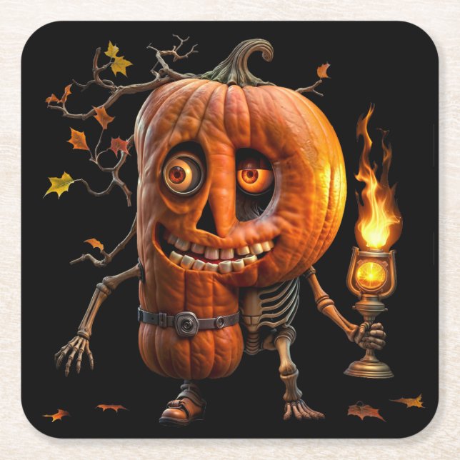 Halloween Pumpkin Square Paper Coaster (Front)