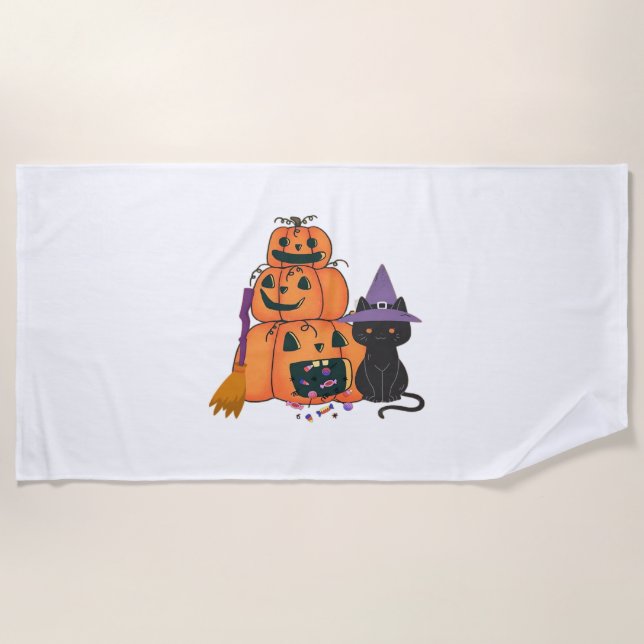 Halloween Pumpkin Stack with Black Cat, Candy & Mo Beach Towel (Front)