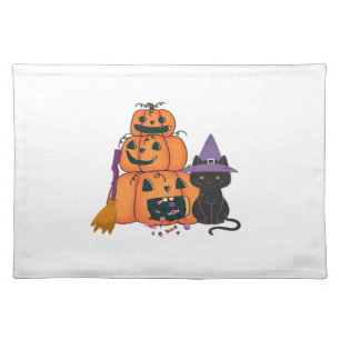 Halloween Pumpkin Stack with Black Cat, Candy & Mo Cloth Placemat