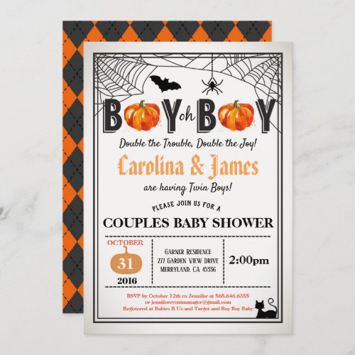 Halloween pumpkin twins boy coed shower rustic invitation