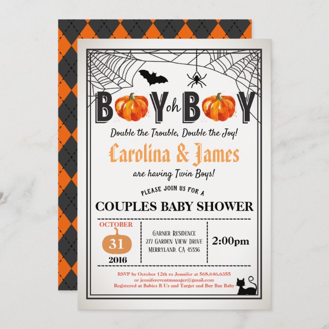 Halloween pumpkin twins boy coed shower rustic invitation (Front/Back)