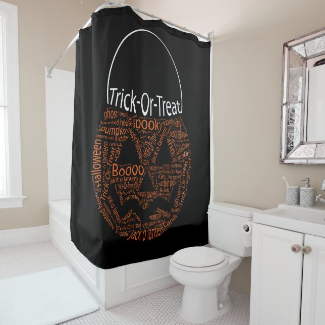 Halloween Pumpkin Typography Black Orange Shower Curtain (In Situ)