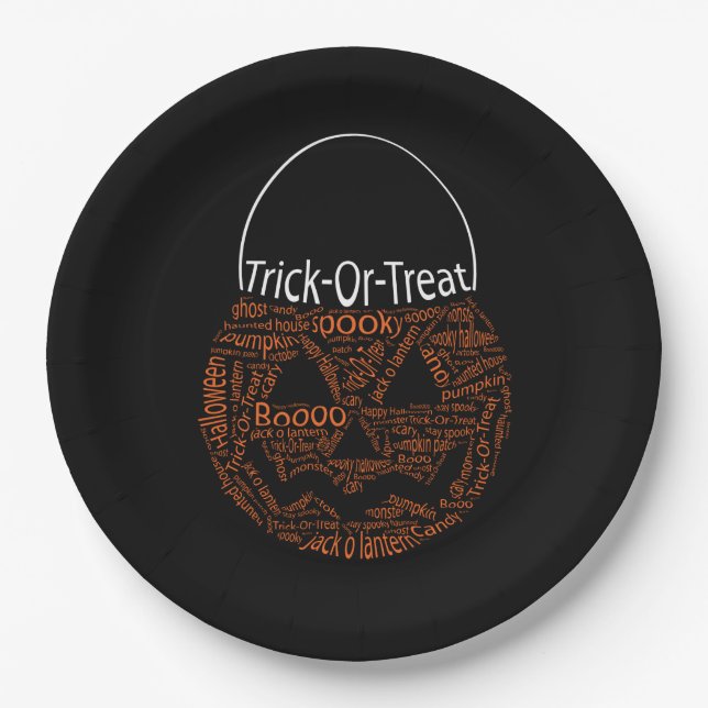 Halloween Pumpkin Typography Orange Black Paper Plates (Front)