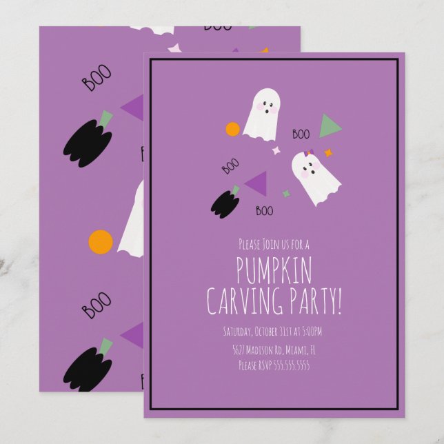Halloween Pumpkin Very Cute Ghost Confetti Invitation (Front/Back)