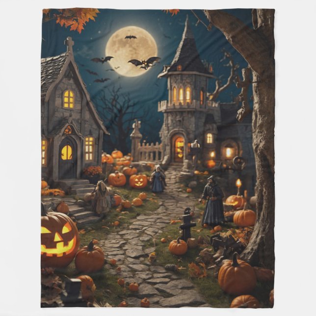 Halloween Pumpkin Village Fleece Blanket (Front)
