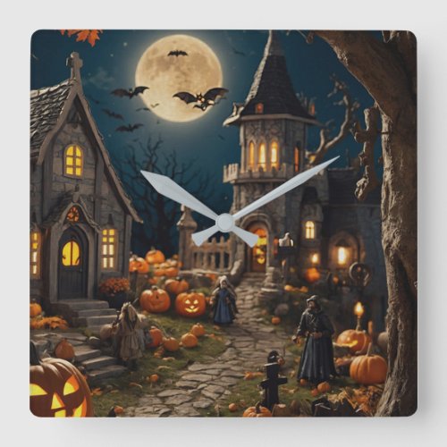 Halloween Pumpkin Village Square Wall Clock