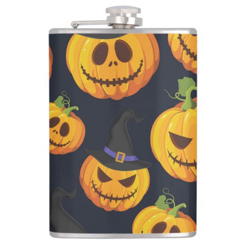 Halloween Pumpkin Vintage Witch Pattern Flask