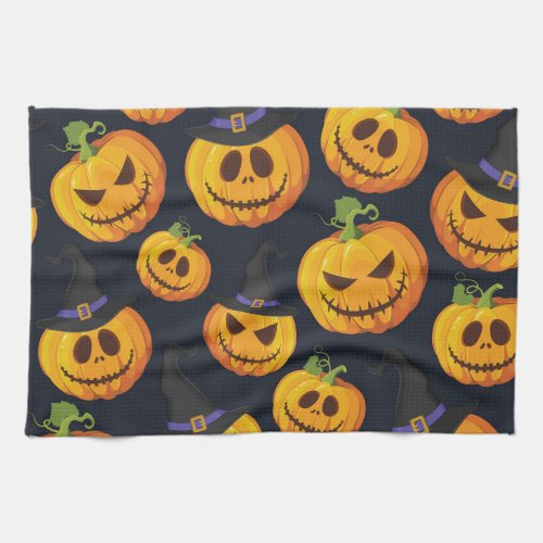 Halloween Pumpkin Vintage Witch Pattern Kitchen Towel