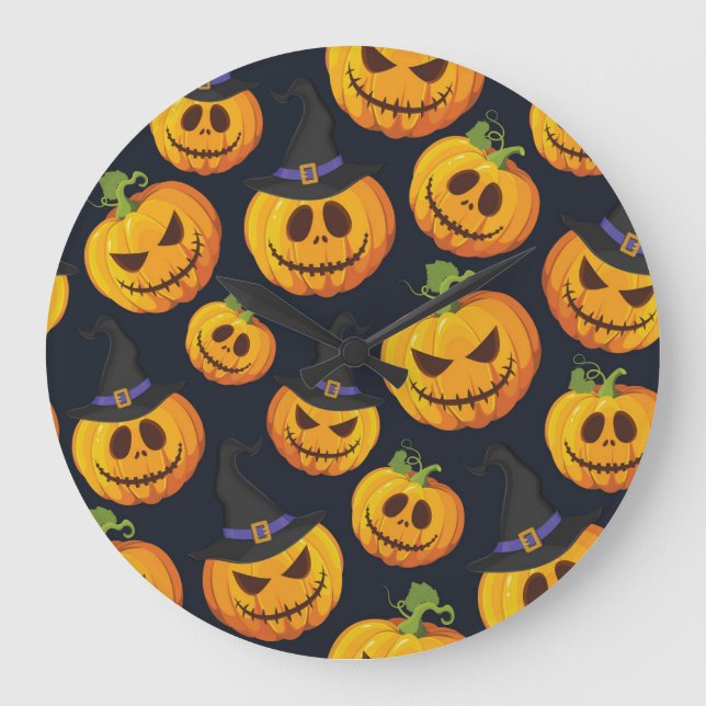 Halloween Pumpkin: Vintage Witch Pattern Large Clock (Front)