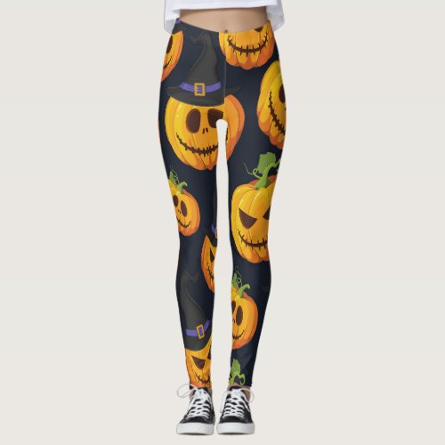 Halloween Pumpkin Vintage Witch Pattern Leggings