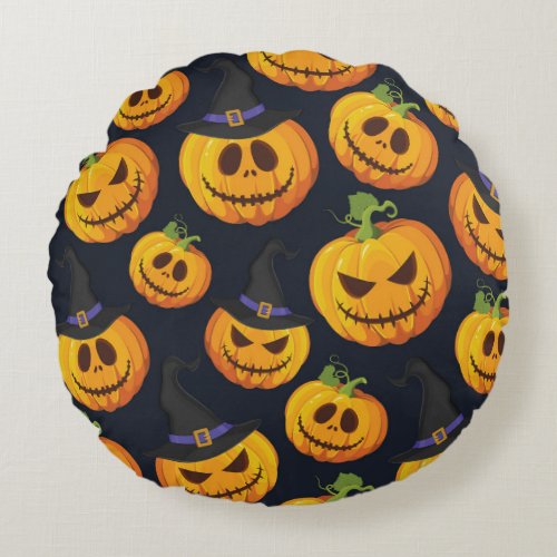 Halloween Pumpkin Vintage Witch Pattern Round Pillow