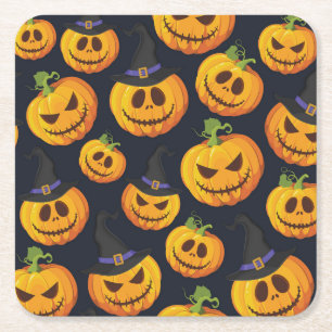 Halloween Pumpkin: Vintage Witch Pattern Square Paper Coaster
