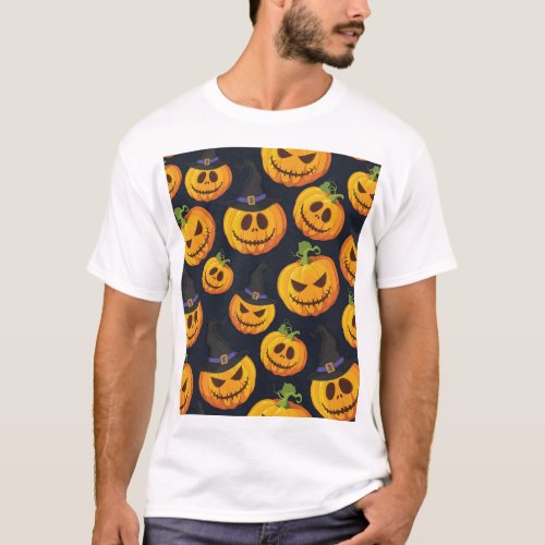 Halloween Pumpkin Vintage Witch Pattern T_Shirt