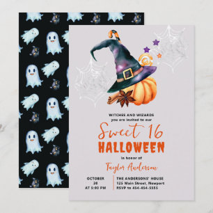 Halloween Pumpkin Witch Candy Ghosts Cute Sweet 16 Invitation