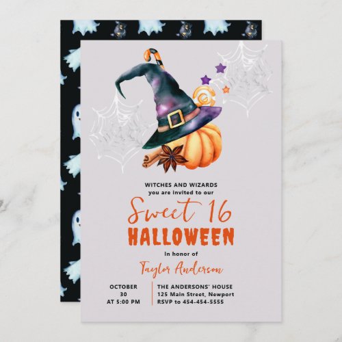 Halloween Pumpkin Witch Candy Ghosts Cute Sweet 16 Invitation