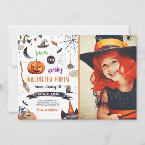 Halloween Pumpkin Witch Cat Spider Spooky Birthday Invitation