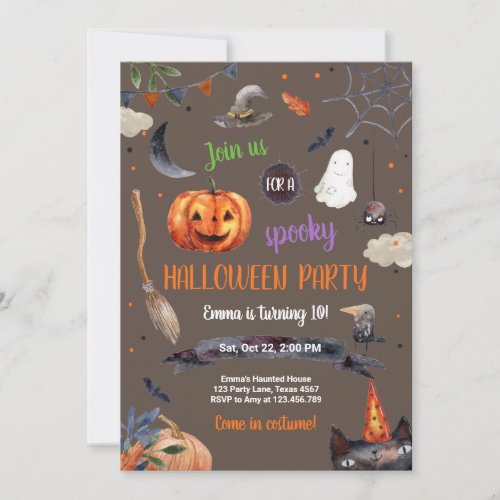 Halloween Pumpkin Witch Cat Spider Spooky Birthday Invitation