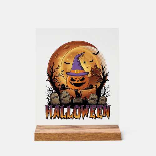Halloween Pumpkin Witch Hat Black Cat Full Moon_1 Acrylic Sign