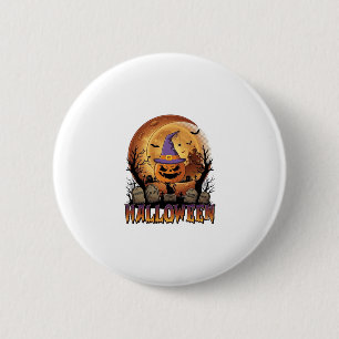Halloween Pumpkin Witch Hat Black Cat Full Moon_1 Button