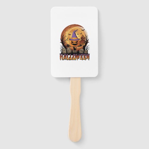 Halloween Pumpkin Witch Hat Black Cat Full Moon_1 Hand Fan