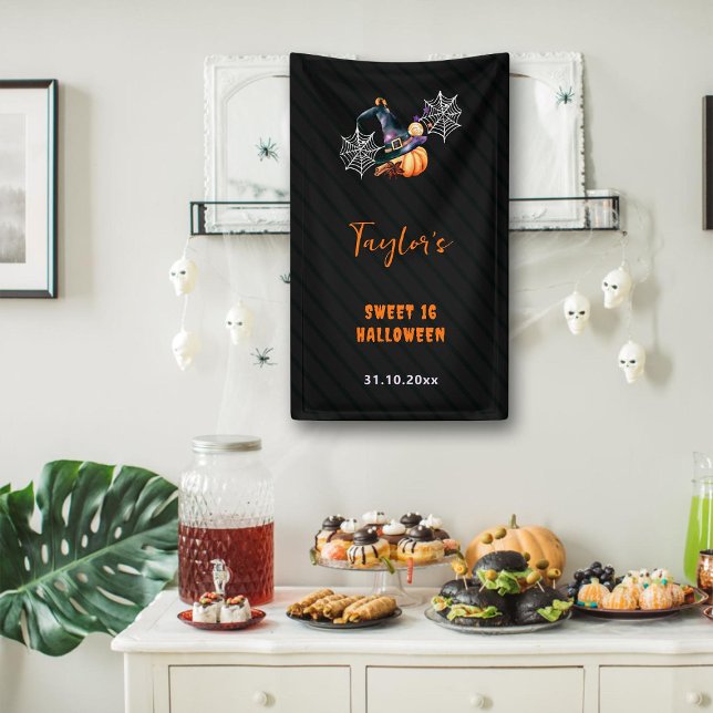 Halloween Pumpkin Witch Hat Ghosts Cute Sweet 16 Banner (sweet 16 halloween banner sign pumpkin witch hat spiderwebs candy orange black cute fun elegant)